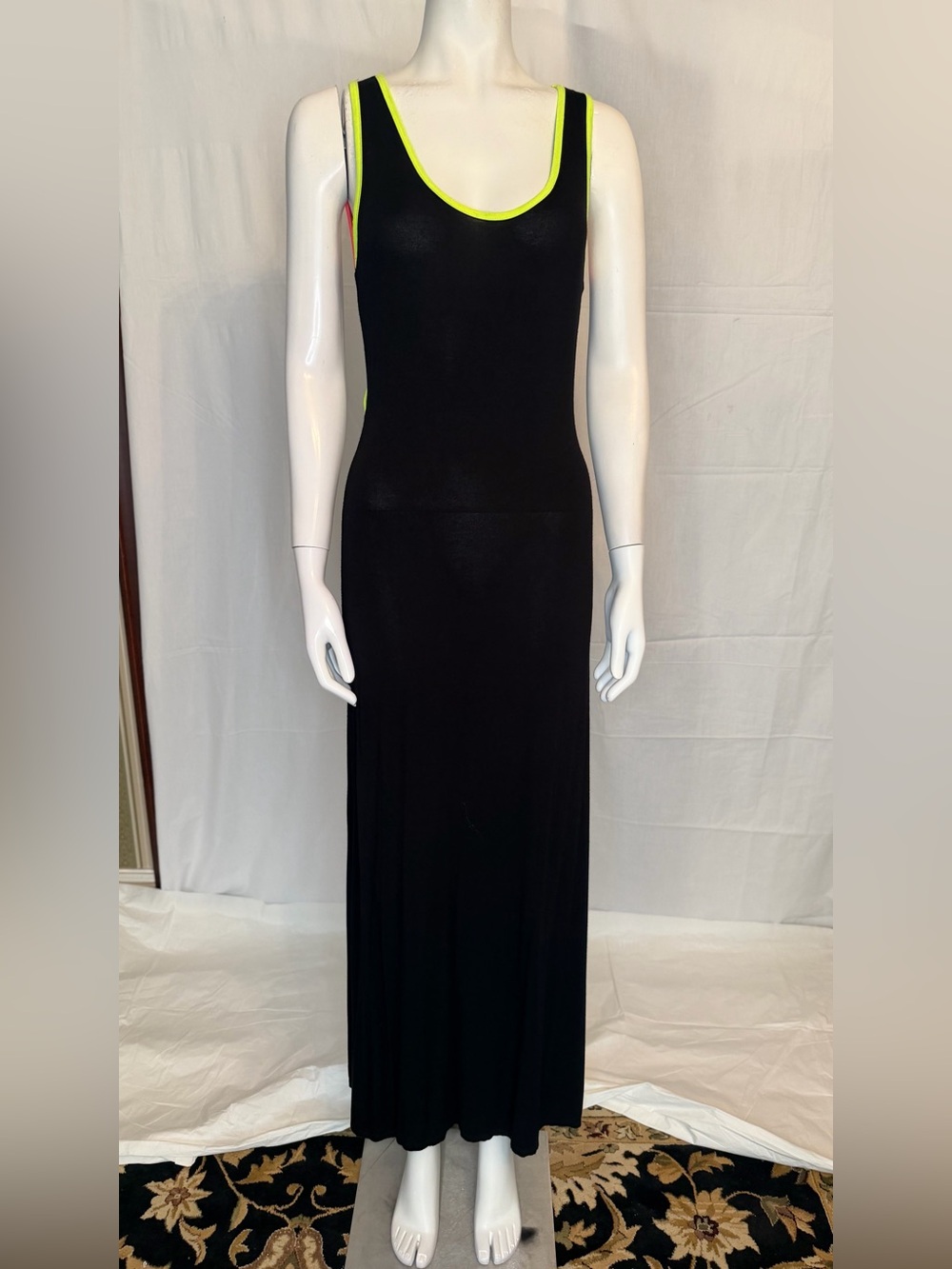 finn & clover Black Maxi Tank Dress with Neon Yellow Trim